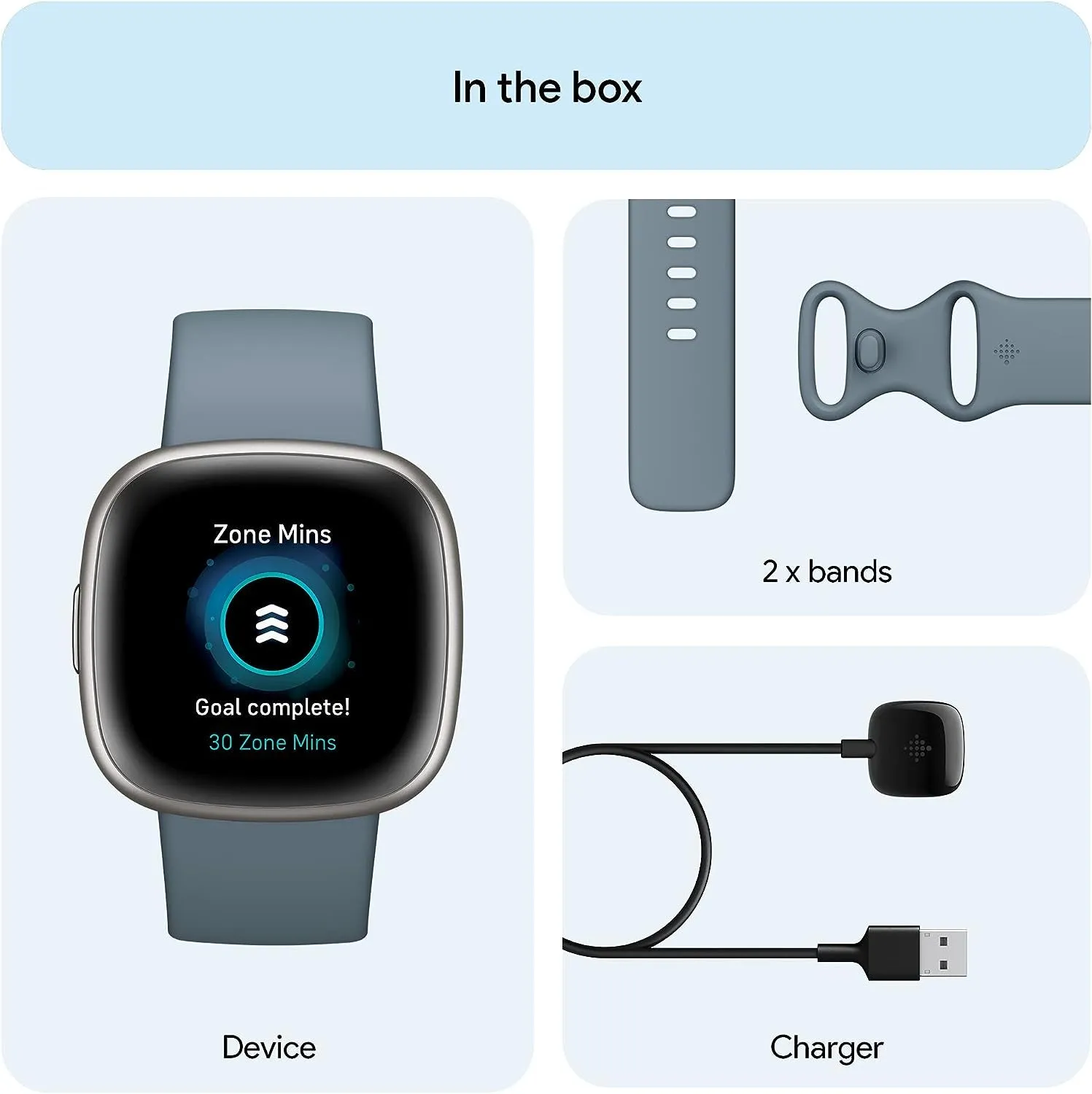 Versa 4 Fitness Smartwatch with Daily Readiness, GPS, 24/7 Heart Rate, 40  Exercise Modes, Sleep Tracking and More, Waterfall Blue/Platinum, One Size (S & L Bands Included)