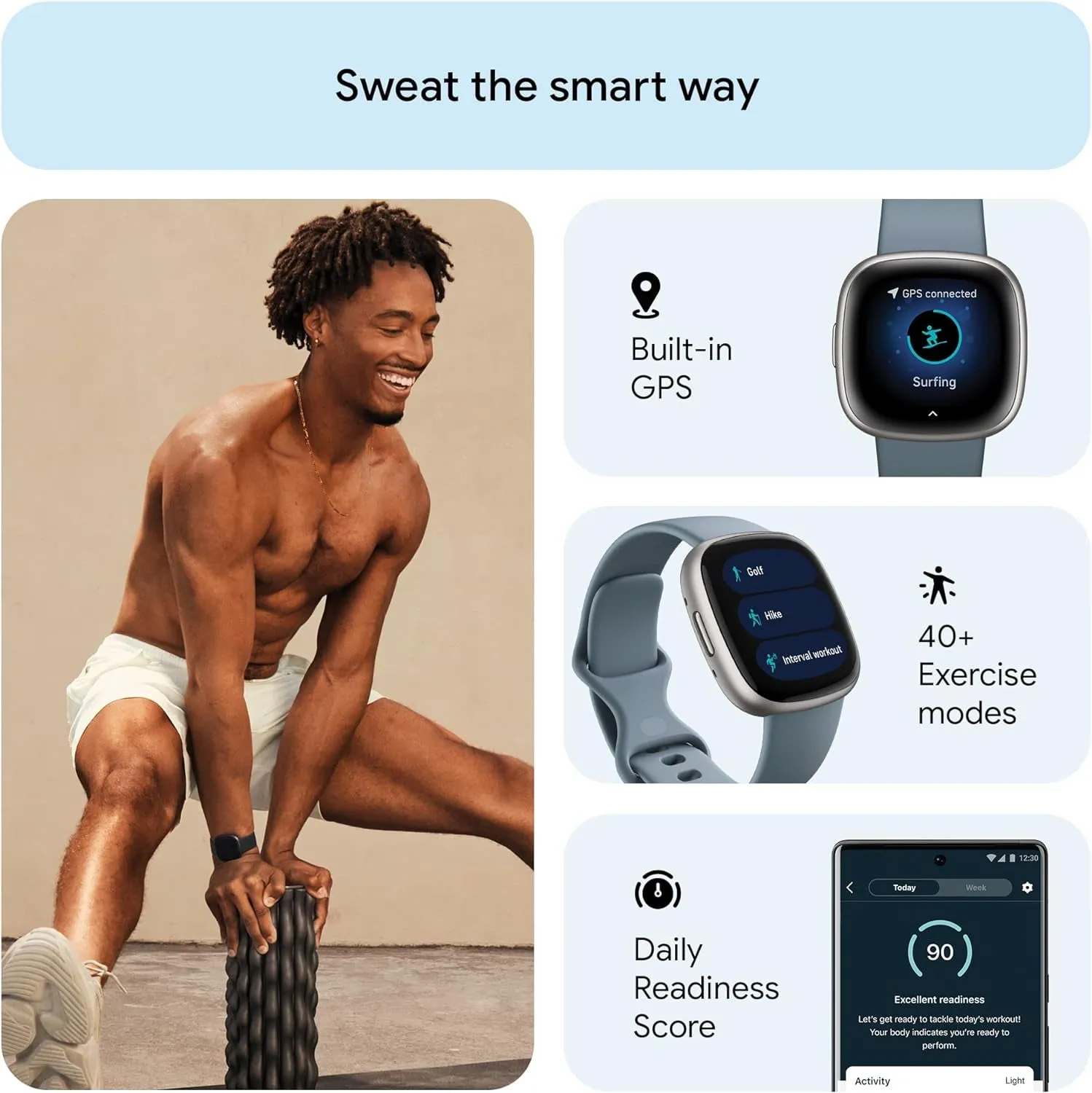 Versa 4 Fitness Smartwatch with Daily Readiness, GPS, 24/7 Heart Rate, 40  Exercise Modes, Sleep Tracking and More, Waterfall Blue/Platinum, One Size (S & L Bands Included)