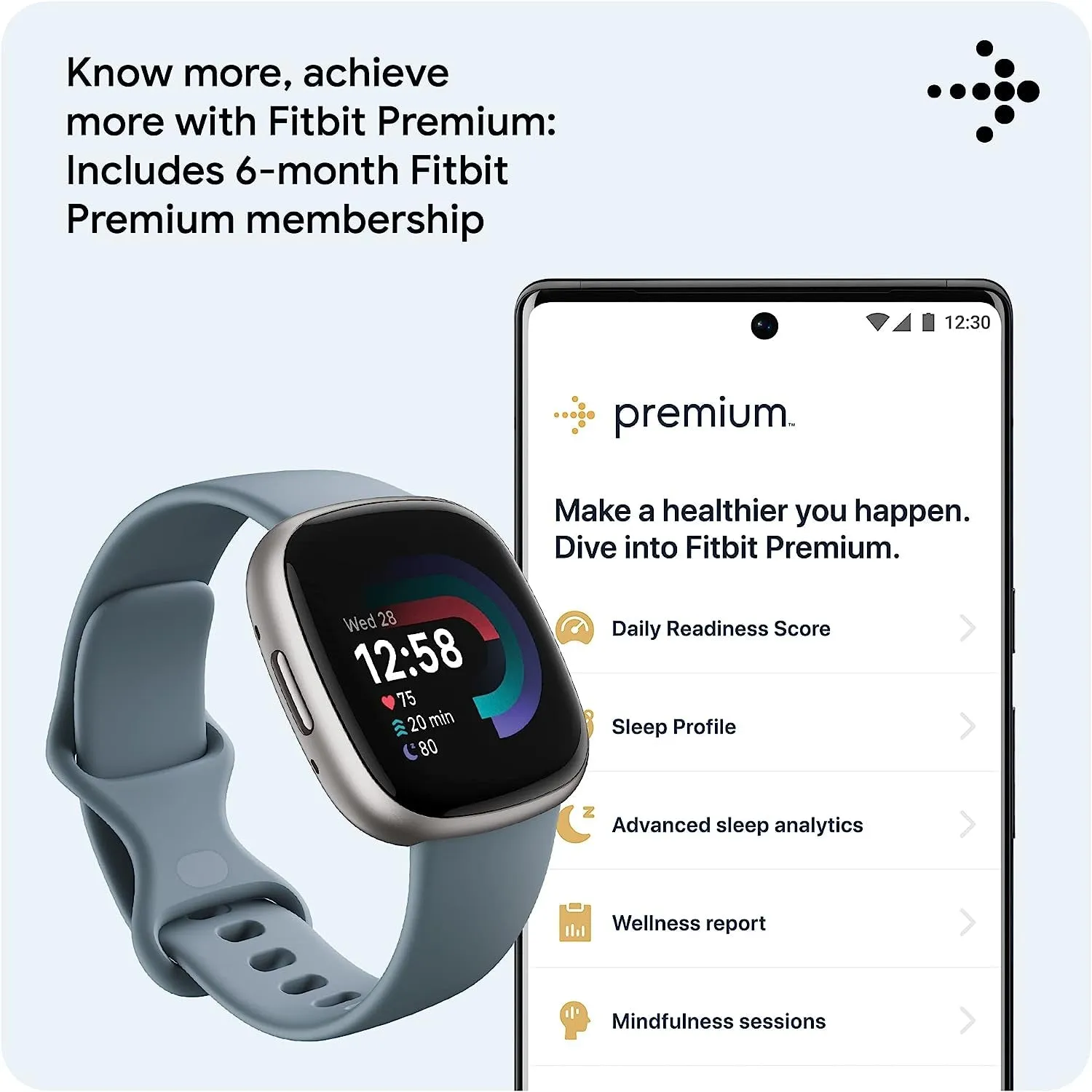 Versa 4 Fitness Smartwatch with Daily Readiness, GPS, 24/7 Heart Rate, 40  Exercise Modes, Sleep Tracking and More, Waterfall Blue/Platinum, One Size (S & L Bands Included)