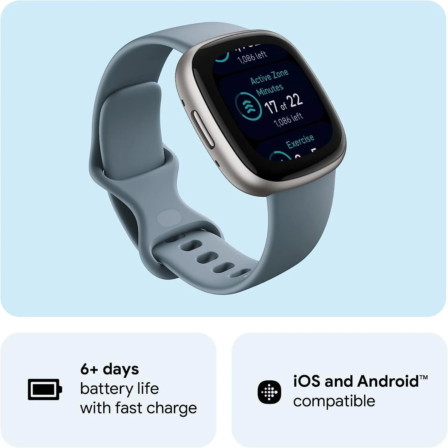 Versa 4 Fitness Smartwatch with Daily Readiness, GPS, 24/7 Heart Rate, 40  Exercise Modes, Sleep Tracking and More, Waterfall Blue/Platinum, One Size (S & L Bands Included)