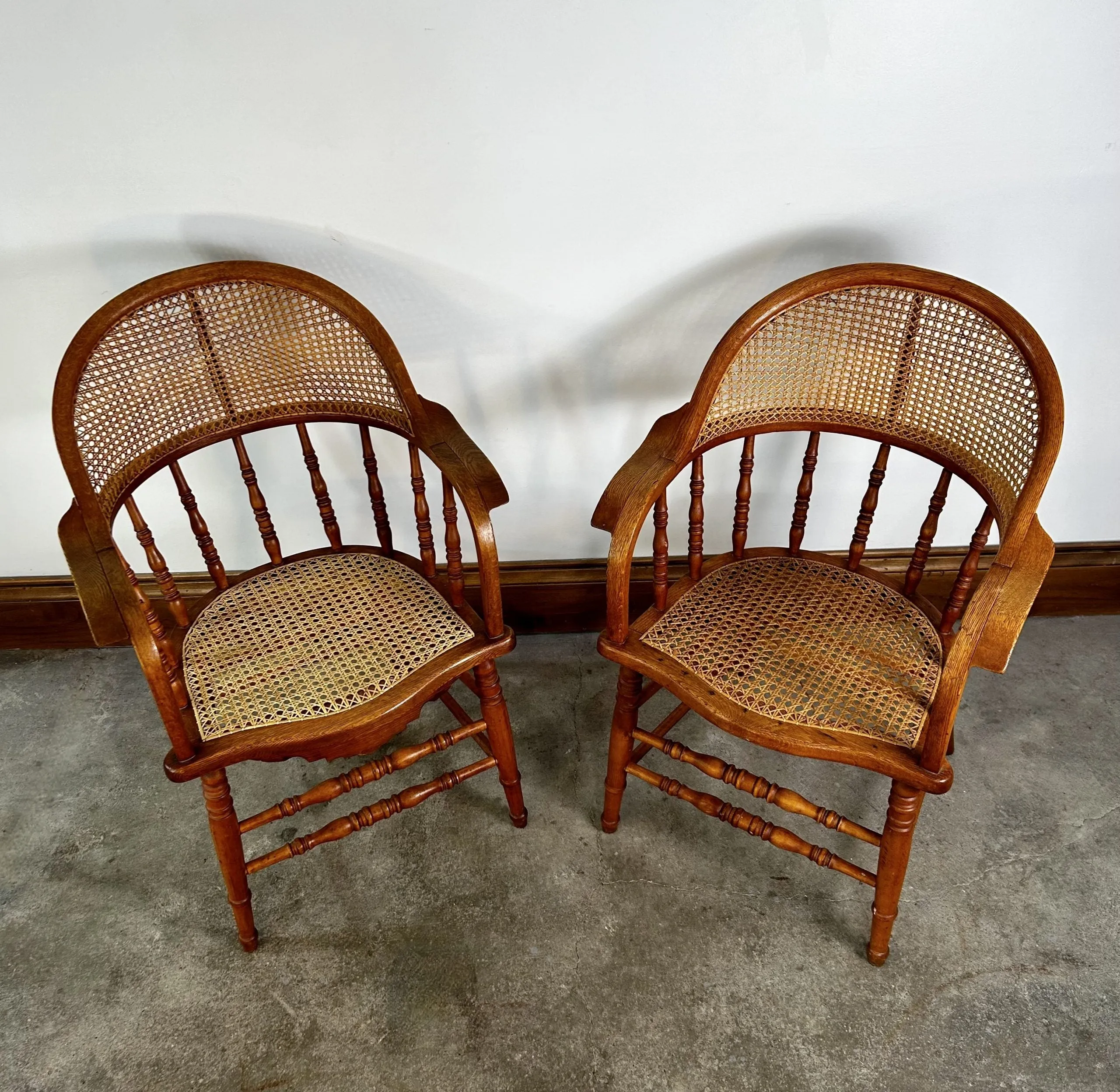 Vintage Cane Wicker Arm Chairs, White Oak and Maple, Pair