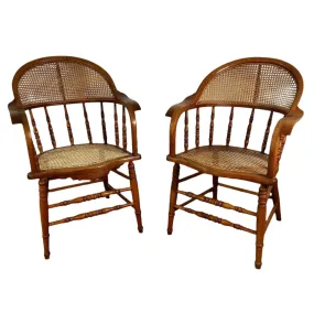 Vintage Cane Wicker Arm Chairs, White Oak and Maple, Pair