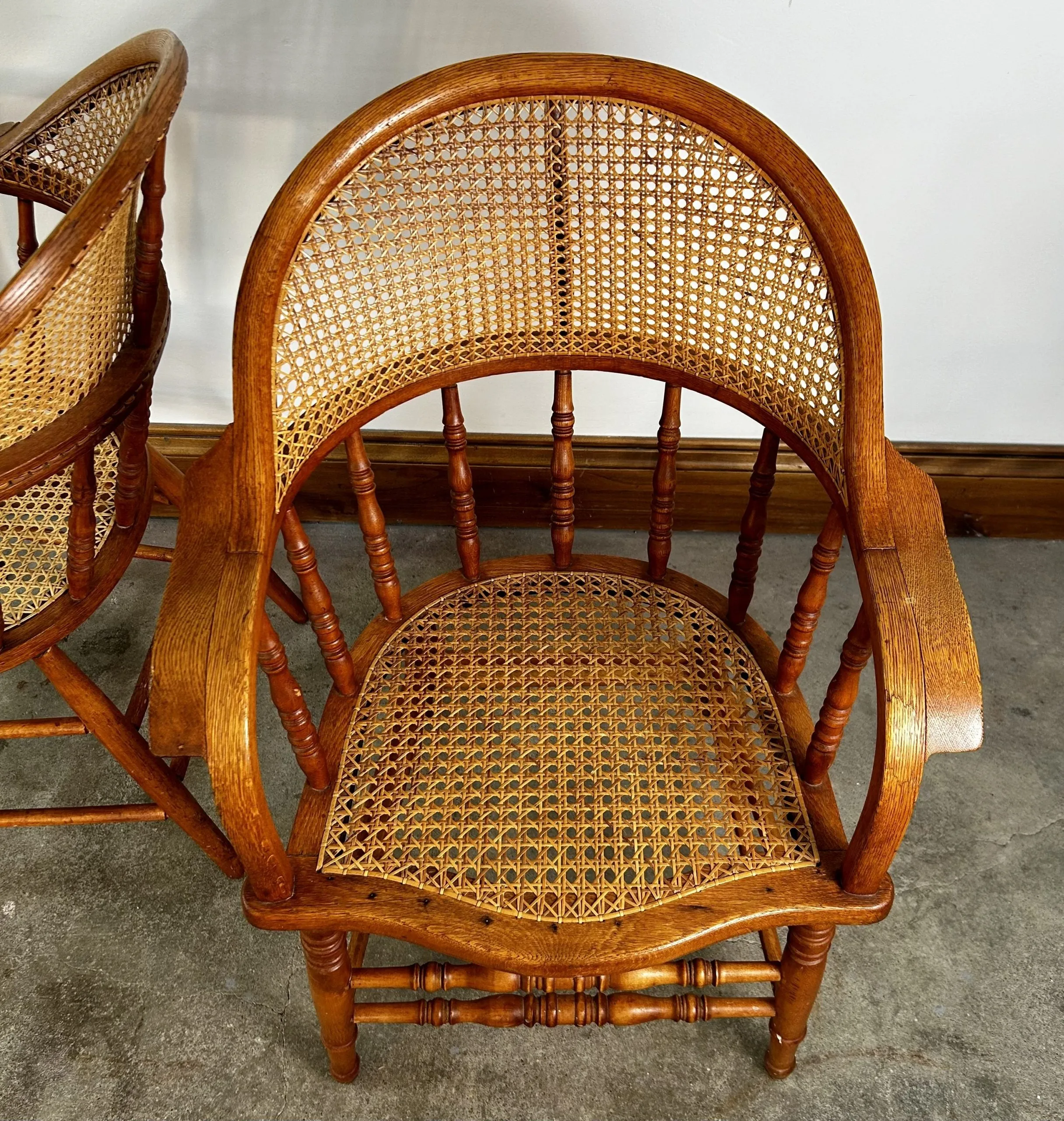 Vintage Cane Wicker Arm Chairs, White Oak and Maple, Pair