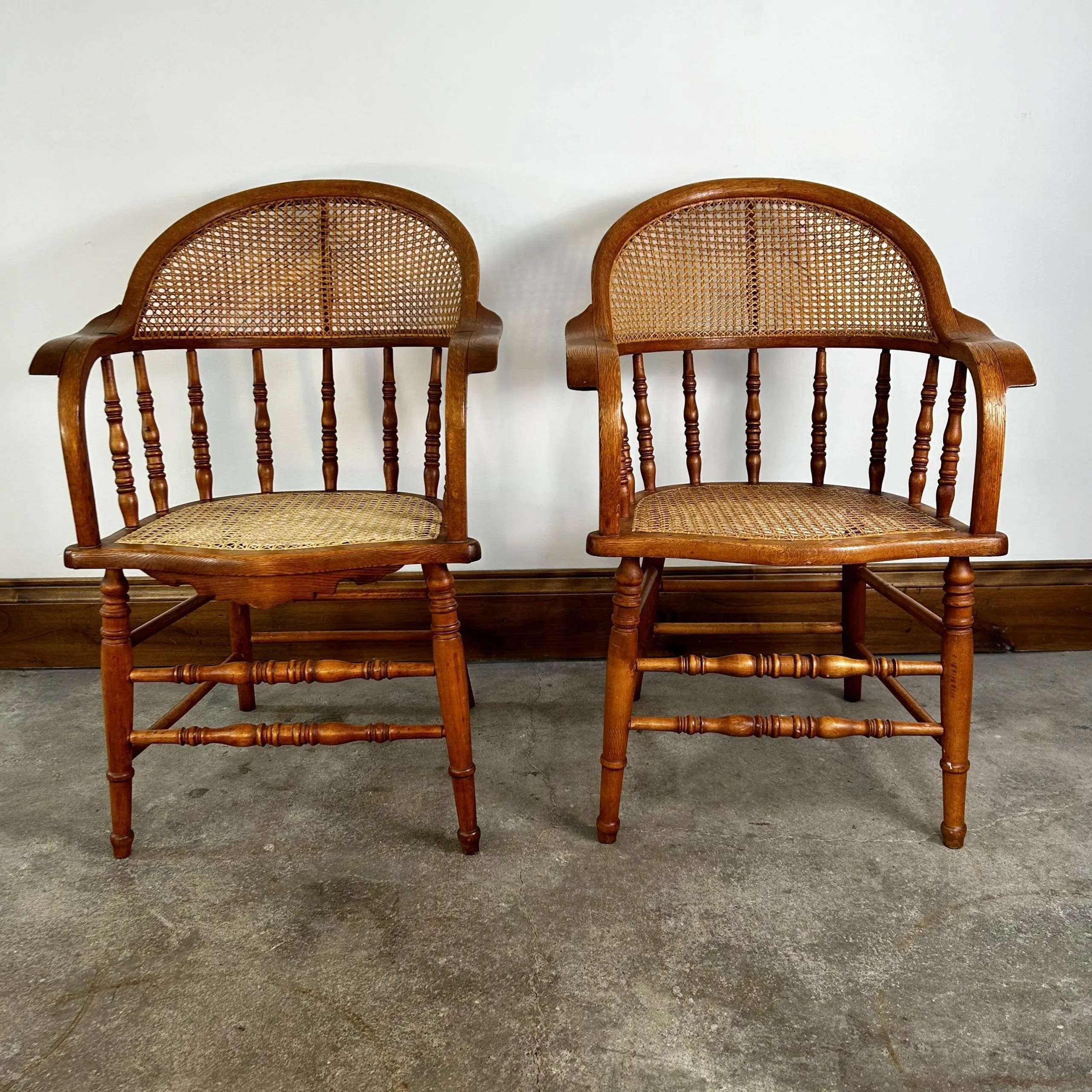 Vintage Cane Wicker Arm Chairs, White Oak and Maple, Pair