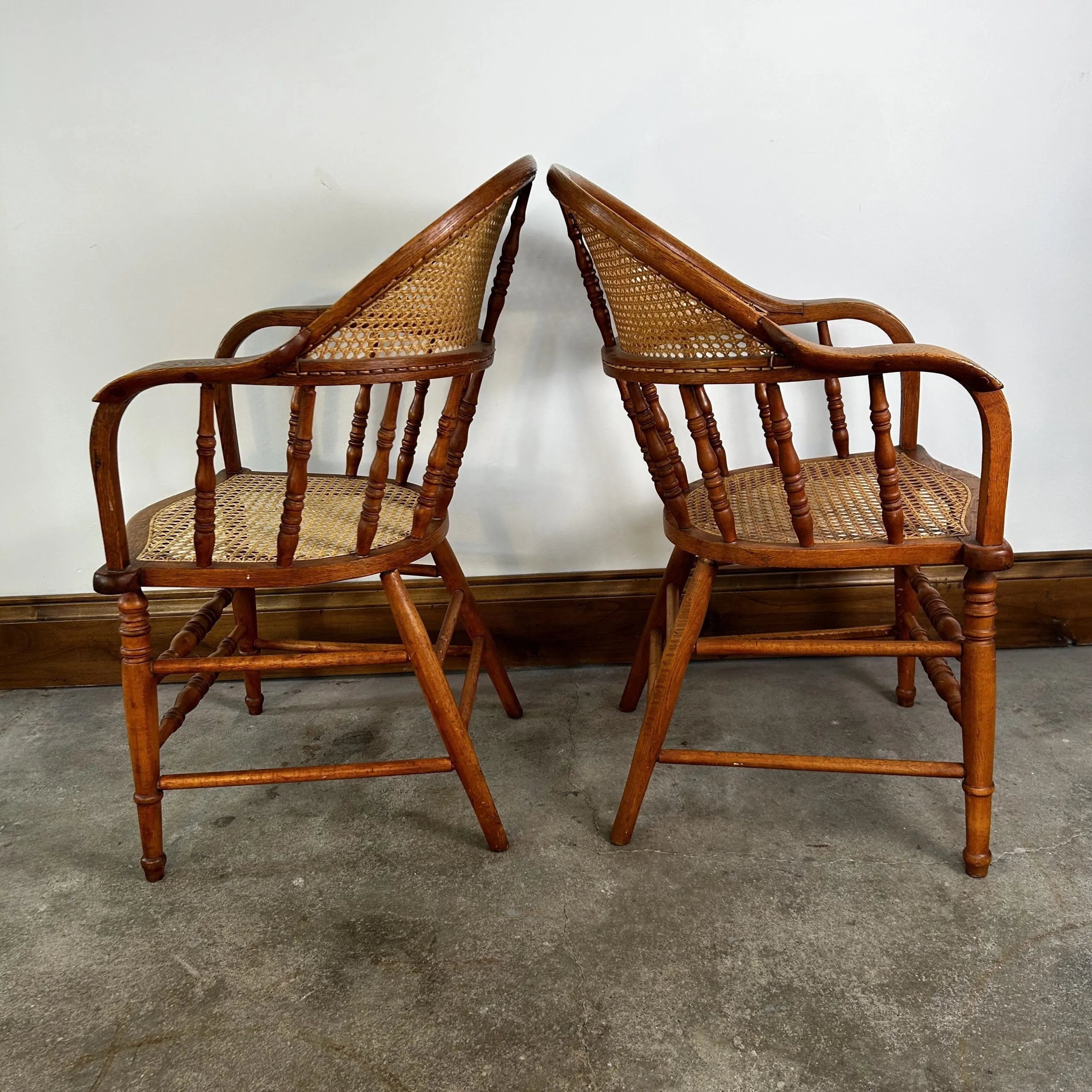 Vintage Cane Wicker Arm Chairs, White Oak and Maple, Pair