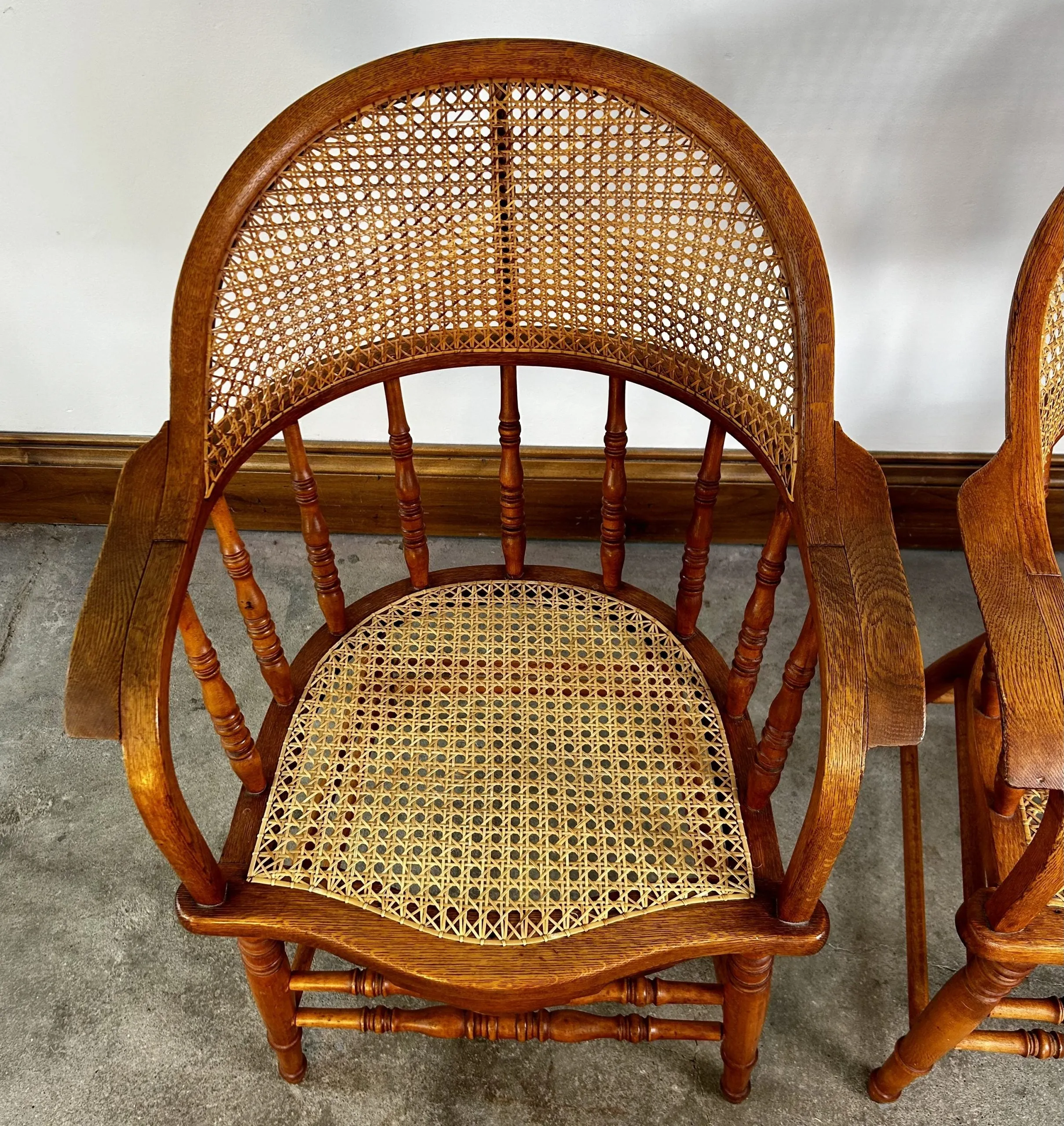 Vintage Cane Wicker Arm Chairs, White Oak and Maple, Pair