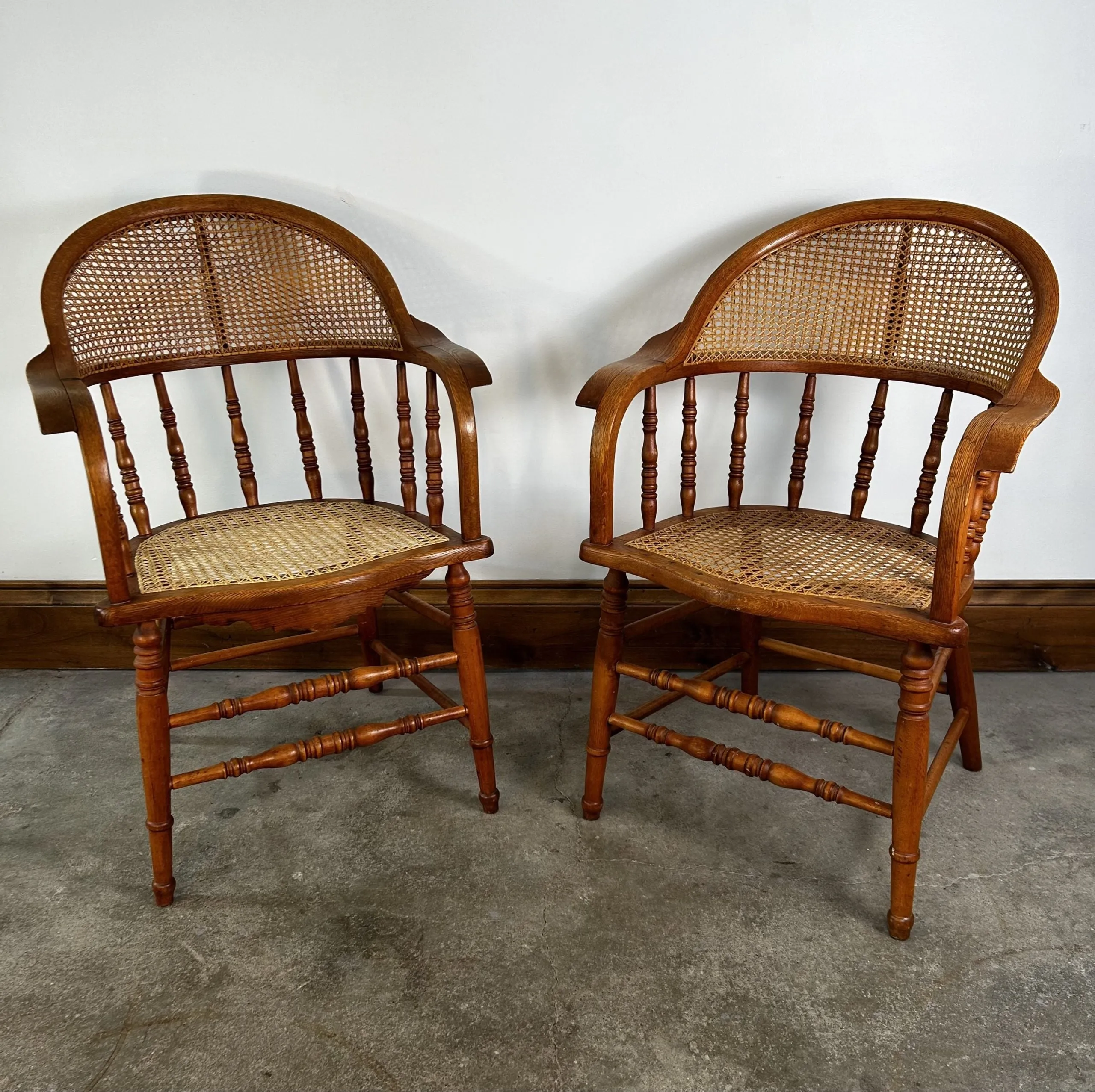 Vintage Cane Wicker Arm Chairs, White Oak and Maple, Pair